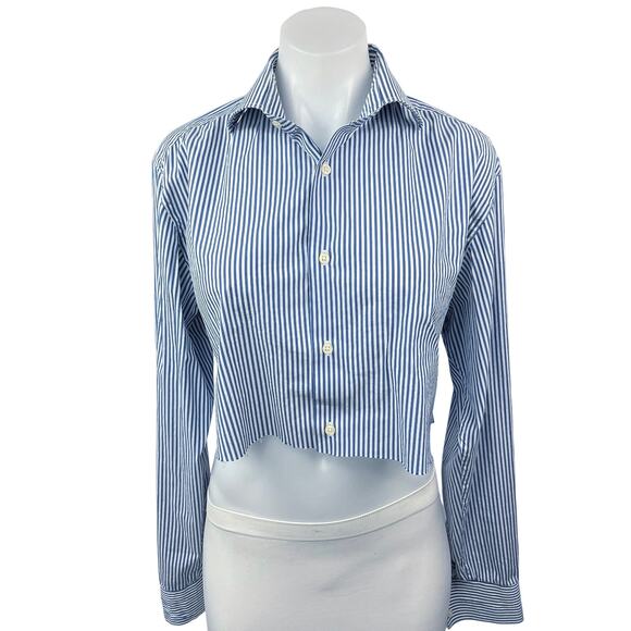Reiss Blue White Striped Button Up Collar Long Sleeve Crop Shirt Blouse Top Sz L - Picture 1 of 5